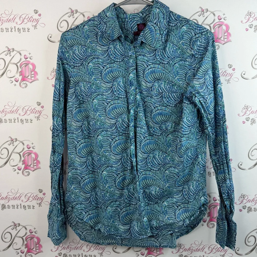 Liberty art fabrics button up blue and Green Patterned Long Sleeve Shirt paisley - Picture 1 of 12